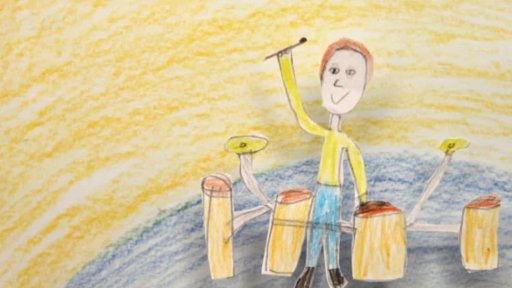 Muf poslouchá píseň M.Tučného prodavač, pak ji dětem pustí a „Děti kreslí písničky“ - „Prodavač“