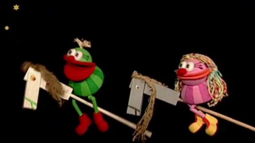 Muf a Fámula jedou na koních po Mléčné dráze, Muf chce přeparkovat velký vůz.