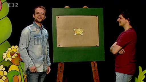 Filip a Tomáš zpívají Mufovi písničku s názvem „Pro slepičí kvoč“.