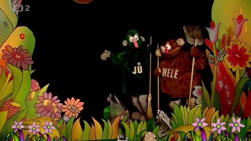 Jů a Hele uklízejí palouček v rámci akce Ukliďme svět, Muf ji ovšem pojmul opačně - Ušpiňme svět!