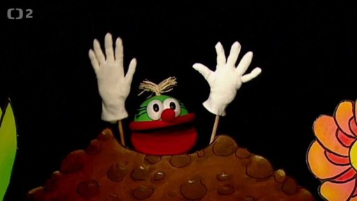 Muf si hraje na krtka, vylézá ven z krtiny.