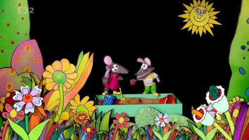 Tryský a Tryskáček na pískovišti – kouzla už nefungují, dělají se jen pískové bábovky. Píseň Otloukej se, bábovičko.