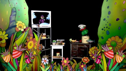 Hary v televizi popisuje recept na eintopf. Muf si zapamatuje jenom to, že se do hrnce dá všechno, co doma najde.