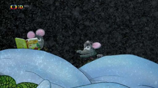 Tryskáček s Tryský sedí v závěji a klepou se zimou, naštěstí mají s sebou dobré a hřejivé čtení - knížku Černobílé prázdniny.