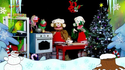 Muf s Fámulou zpívají hned po ránu vánoční písničku "Pečem, pečem perníčky". Jů a Hele u toho tvoří perníčky a všichni se mají dobře, jen Muf by je nejraději všechny rovnou snědl.