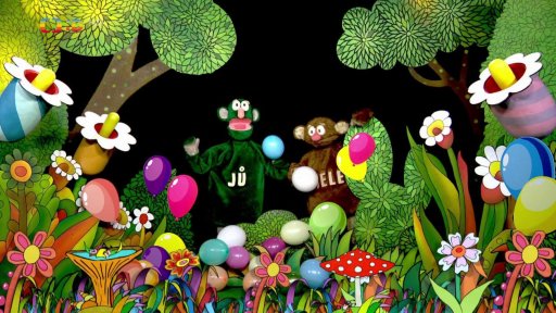 Jů a Hele se snaží nafouknout balónky na oslavu, Muf jim ovšem vyhrožuje pletací jehlicí, tak mu raději dají klíče od spíže, aby jim balónky napropíchl.