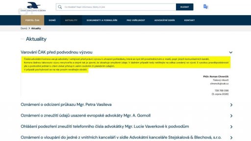 Podvodné e-maily napodobují Českou advokátní komoru